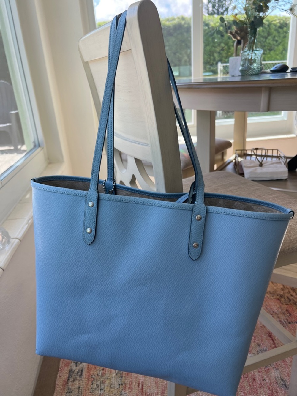 Coach - Beige Signature Tote with Blue Trim, Reversible and Matching Pouch - Picture 9 of 12